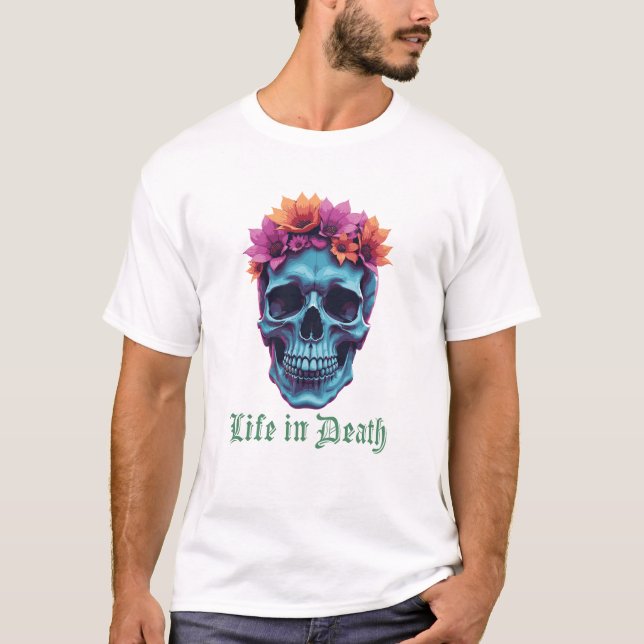 T-shirt La vie en mort, en fleurs en bleu (Devant)