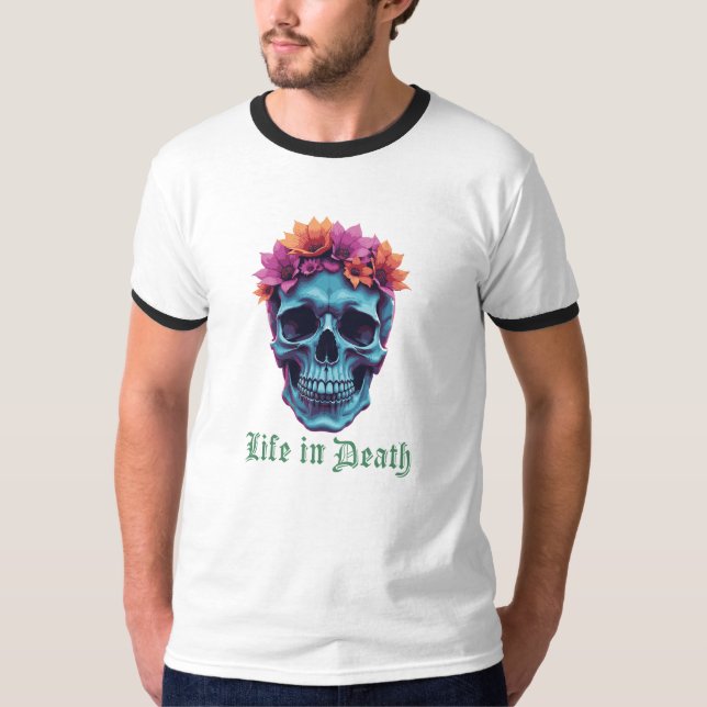 T-shirt La vie en mort, en fleurs en bleu (Devant)
