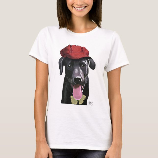 T-shirt Labrador Noir avec Casquette rouge (Devant)