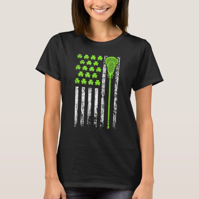 T-shirt Lacrosse American Flag St Patrick Day For Men Boy  (Devant)