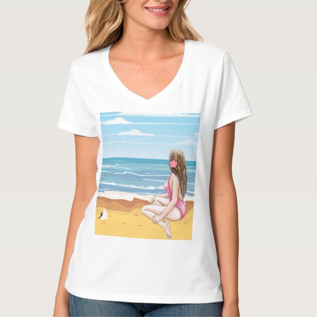 T-shirt ladie sur la plage (Devant)