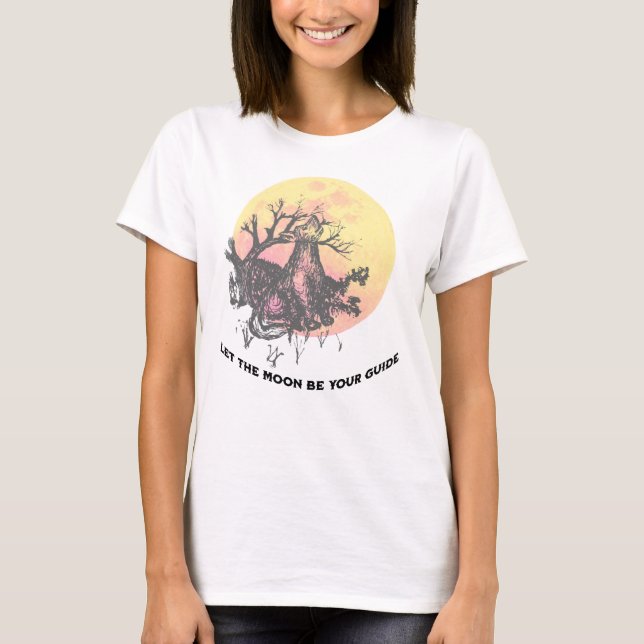 T-shirt Laisser La Lune Guide, Loup sur Lune Lettres Rusti (Devant)