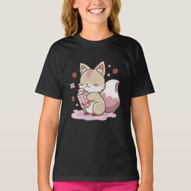 T-shirt Lait de fraise Kitsune - Jote Fox Yokai esthétique (Devant)