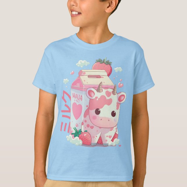 T-shirt Lait de fraise Vache Carton Cute Kawaii Japonais (Devant)