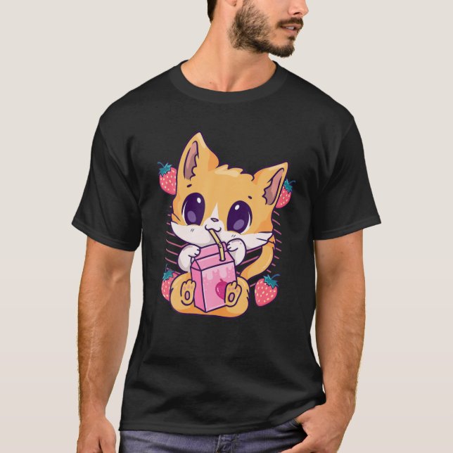 T-shirt Lait fraise Chat Cute Kawaii Kitten Anime Neko (Devant)