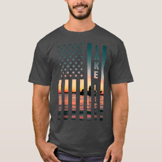 T-shirt Lake Life Fisherman Sunset American Flag Bass Fish
