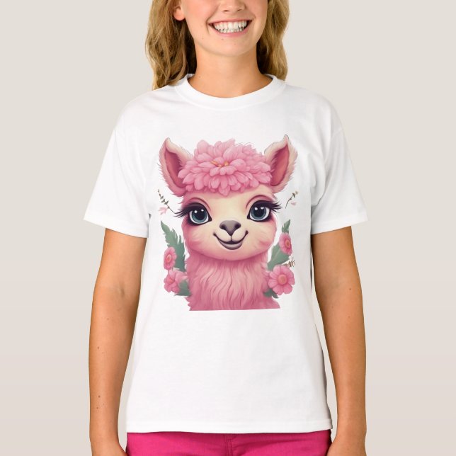 T-shirt Lama bébé rose souriant (Devant)