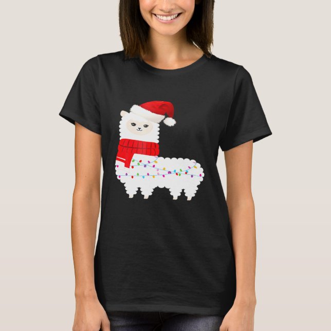 T-shirt lama Cute Père Noël Alpaca Noël Lumière (Devant)