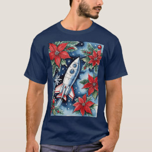 T-shirt Lancement de fusée de Noël avec poinsettias la nui