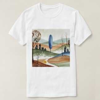 T-shirt landscape of hills with small houses
