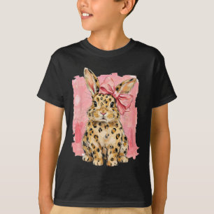 T-shirt Lapin à Imprimé Léopard avec Nœud Rose Mignon Prin