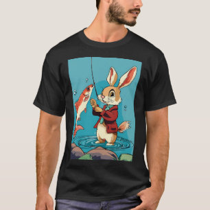 T-shirt lapin de dessin animé attrapant du poisson
