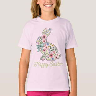 T-shirt Lapin de Pâques aux fleurs sauvages roses et bleue