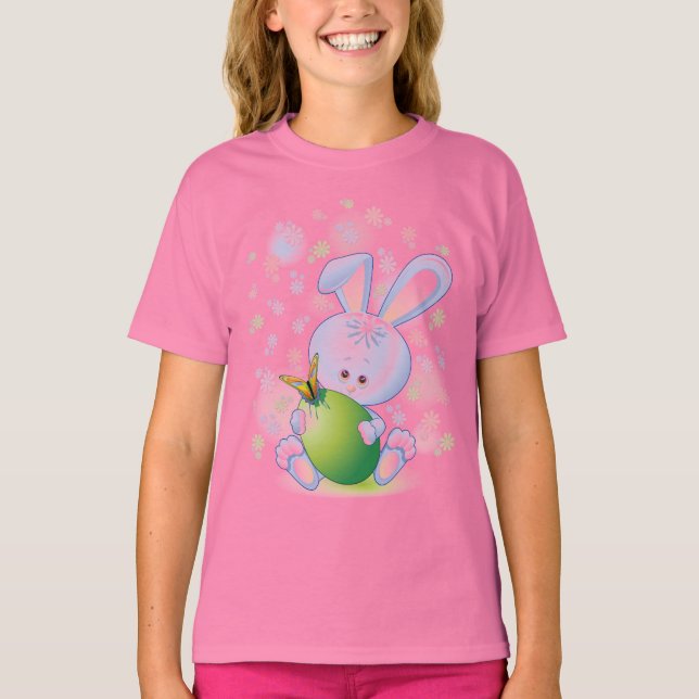 T-shirt Lapin de Pâques avec Oeuf et Fleurs (Devant)