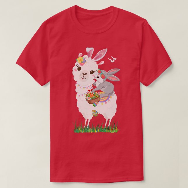 T-shirt Lapin Mignon à Cheval sur un Lama Tenant un Panier (Design devant)