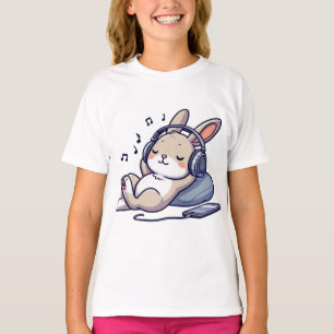 T-shirt Lapin Mignon Écoutant de la Musique avec Casque