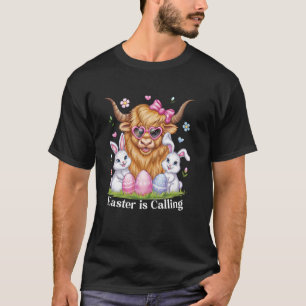 T-shirt Lapin oreilles Highland Cow Nœud Lapins Œufs Pâque