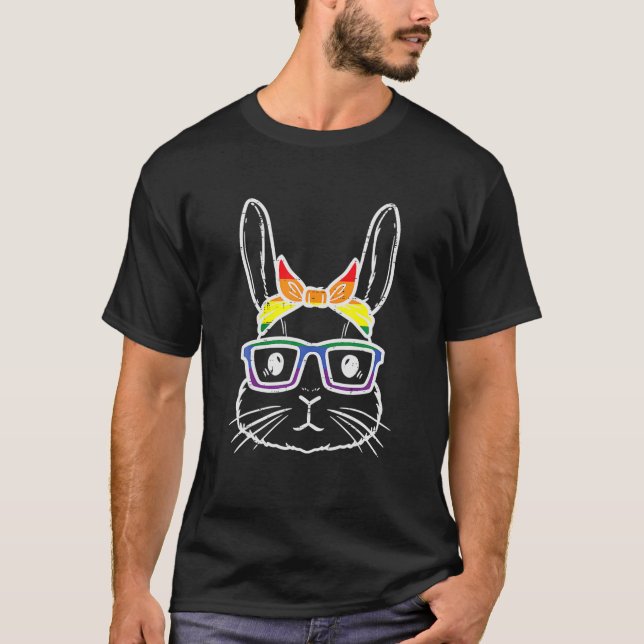T-shirt Lapin Rainbow Bandana Lunettes Pâques LGBT P (Devant)