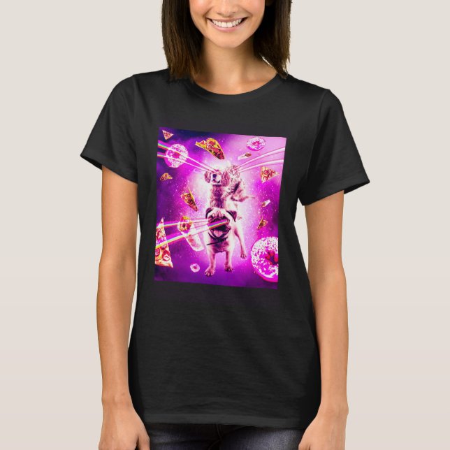 T-shirt Laser Eyes Space Cat Riding Dog Pug  Rainbow (Devant)