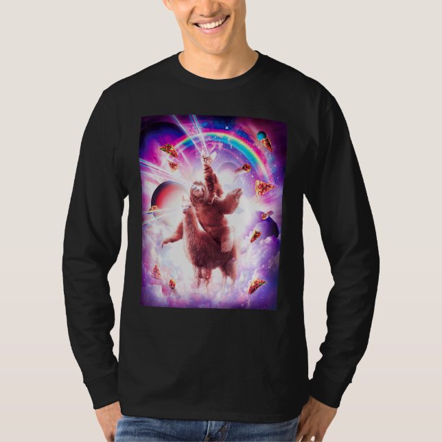 T-shirt Laser Eyes Space Cat Riding Sloth Blade Rainbow (Devant)