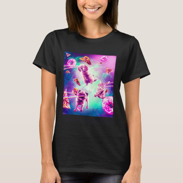 T-shirt Laser Eyes Space Cat With Dog Pug  Rainbow (Devant)