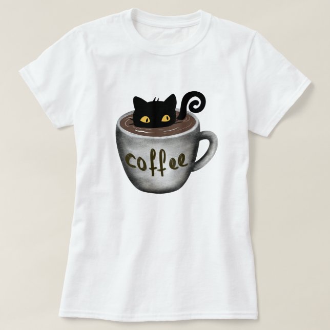 T-shirt Le chat dans le graphique de tasse de café pique (Design devant)