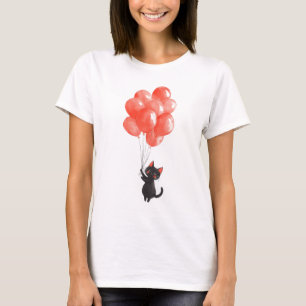 T-shirt Le chaton noir mignon tient un tas de ballons roug
