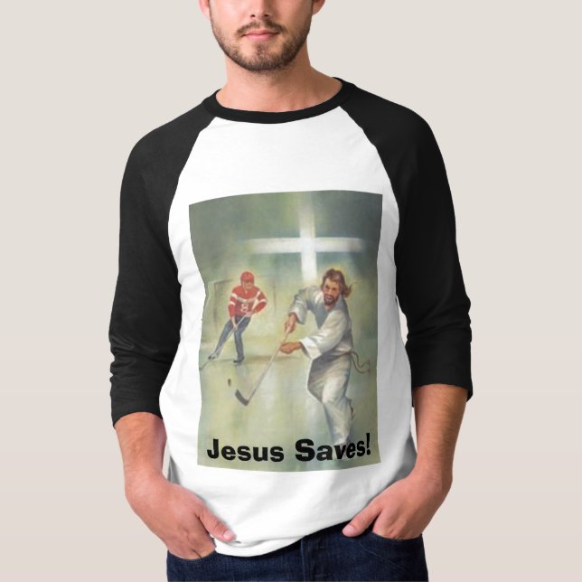 T-shirt le Jésus-hockey-joueur, Jésus économise ! (Devant)