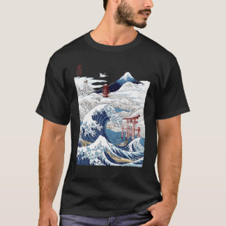 T-shirt Le Mont Fuji La Grande Vague Tsunami Japonais Kana
