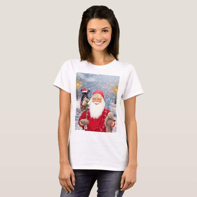 T-shirt Le Père Noël et Cadeaux de Noël Chien-taureau fran (Devant entier)