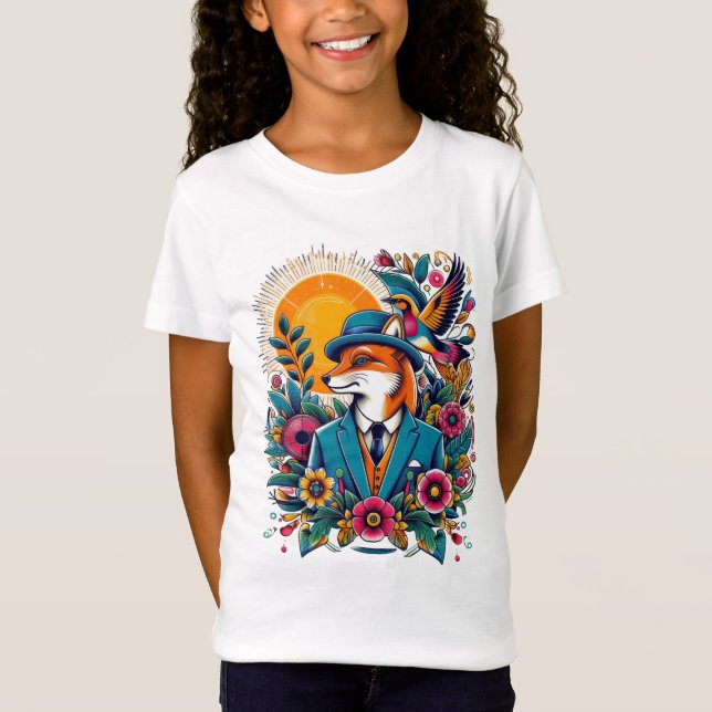 T-Shirt Le renard Dapper et les fleurs colorées (Devant)