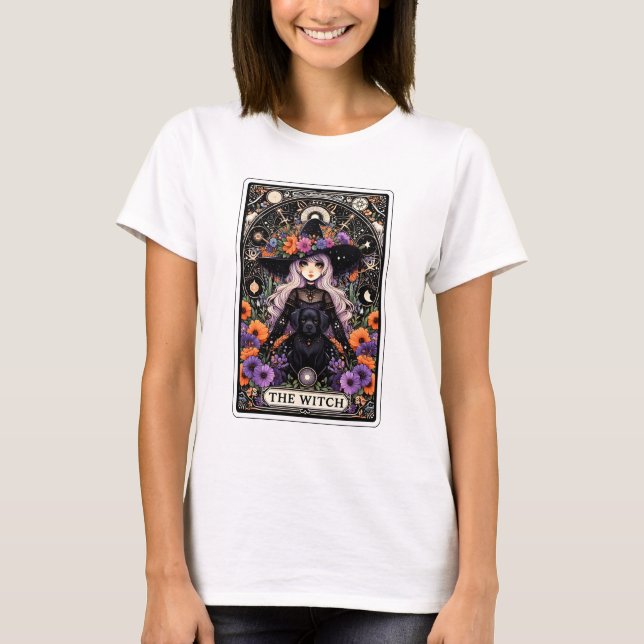 T-shirt Le Tarot de sorcière avec un chien noir (Devant)