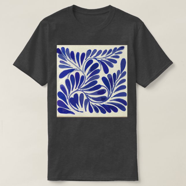 T-shirt Leaves branch cobalt blue talavera tile clay inter (Design devant)