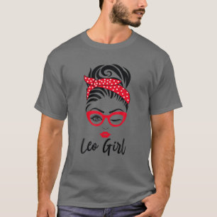 T-shirt Leo Girl Messy Bun Leopard Bandana Juillet Zodiac 