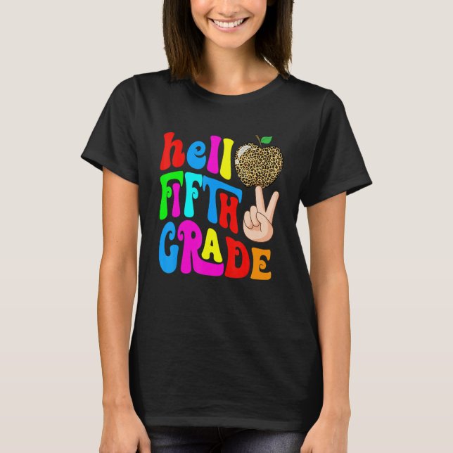 T-shirt Leopard Apple Hello 5th Grade Teacher Kids Back To (Devant)