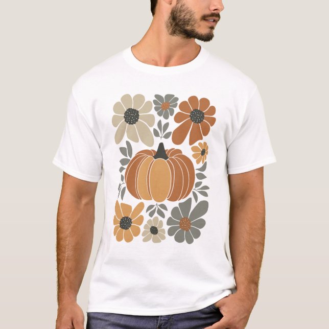 T-shirt Leopard Citrouille Floral Rétro Automne Rétro Auto (Devant)
