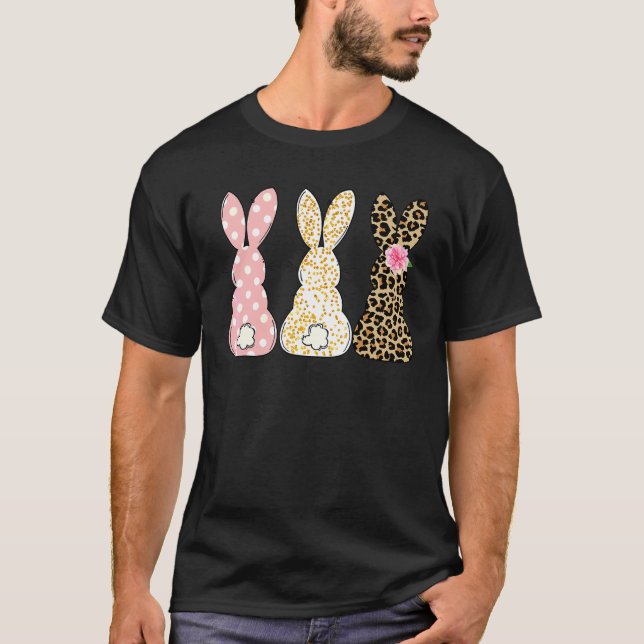 T-shirt Leopard Floral Lapin de Pâques Trois lapins Joyeux (Devant)