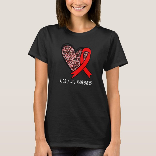T-shirt Leopard Heart AIDS HIV Awareness Red Ribbon (Devant)