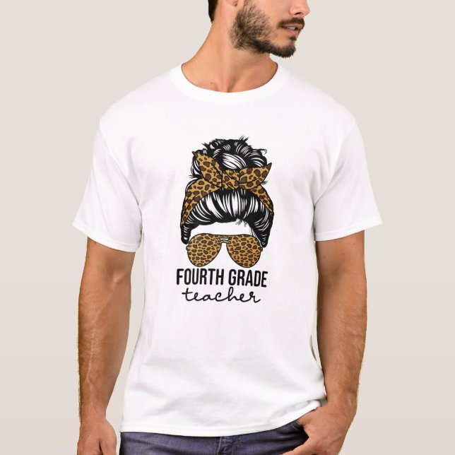 T-shirt Leopard Messy Bun, Enseignant De 4E Année (Devant)