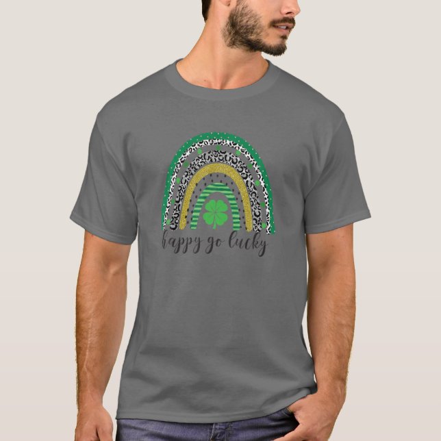 T-shirt Leopard Rainbow Happy Go Lucky Shamrock St Patrick (Devant)
