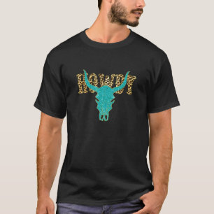 T-shirt Leopard Turquoise Howdy Bull Skull Cowgirl Rodeo W
