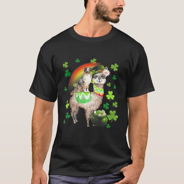 T-shirt Leprechaun Australian Shepherd Riding Llama St Pat (Devant)