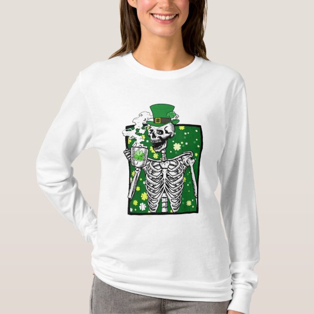 T-shirt Leprechaun Top Hat Skeleton Boire Café St Pat (Devant)