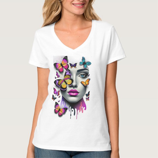 T-shirt Les femmes visage et papillons, imaginaire (Devant)