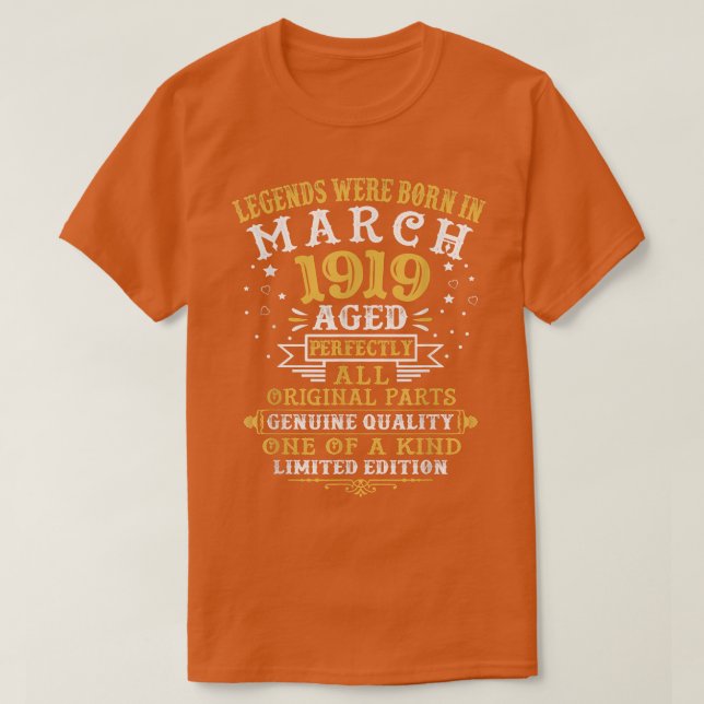 T-shirt Les Légendes Sont Nées En Mars 1919 103 Ans 103ᵉ (Design devant)