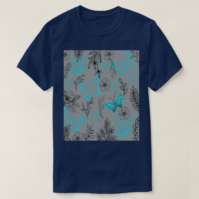 T-shirt Les papillons bleu marine dans la forêt gris ultim (Design devant)