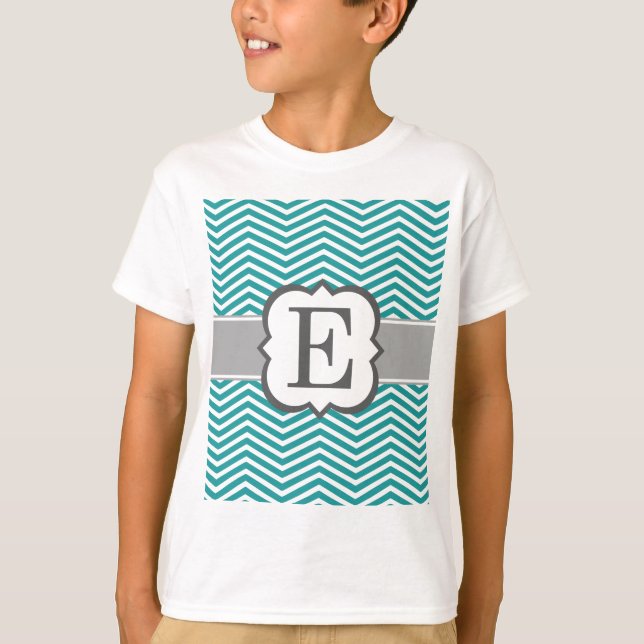 T-shirt Lettre blanche turquoise E Chevron de monogramme (Devant)