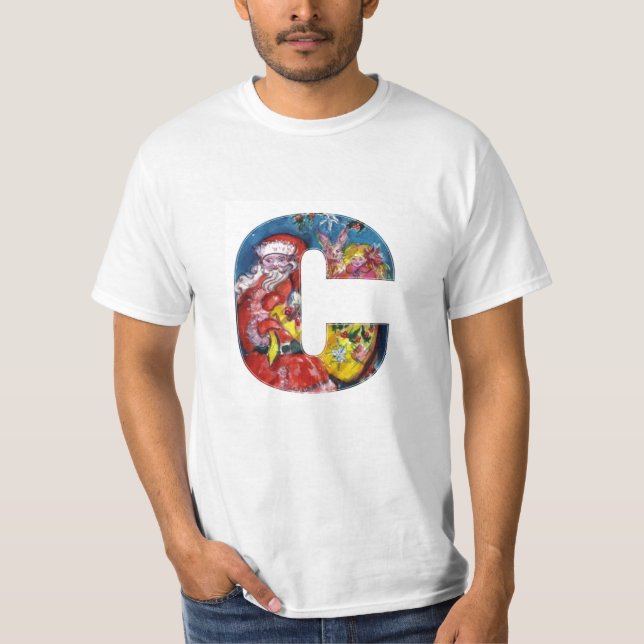 T-SHIRT LETTRE C DE NOËL / PÈRE NOËL AVEC CADEAUX MONOGRAM (Devant)