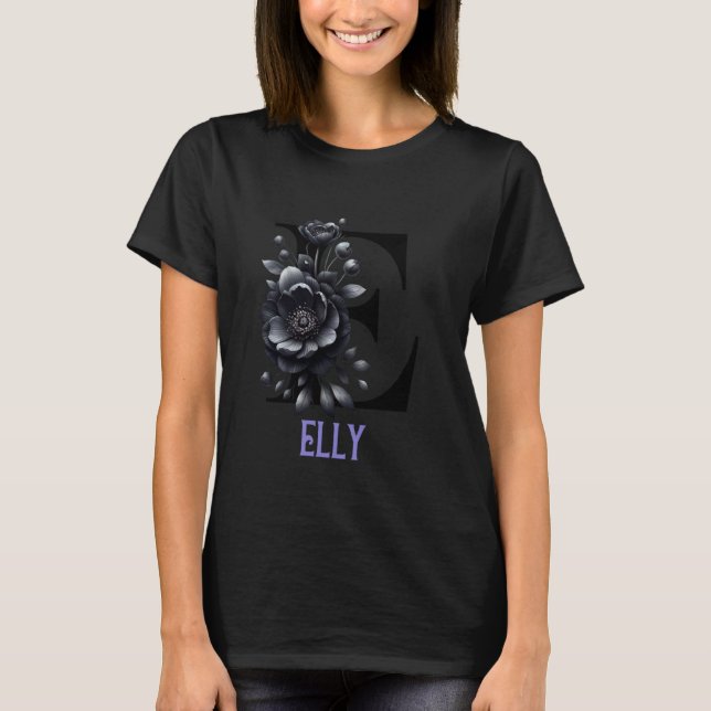 T-shirt LETTRE Florale Noire Elly Alphabet Nom de fille (Devant)