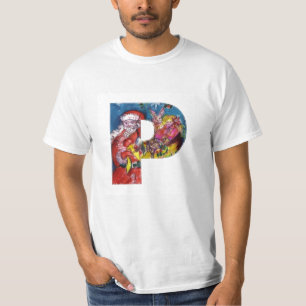 T-SHIRT LETTRE P DE NOËL / PÈRE NOËL AVEC CADEAUX MONOGRAM